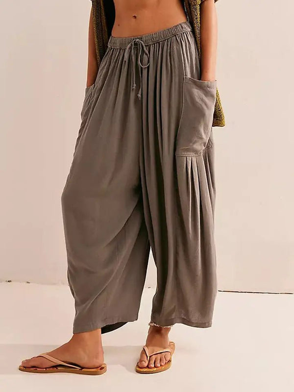 Solid Color String Elastic Waist Loose Pants - Blush & Cactus