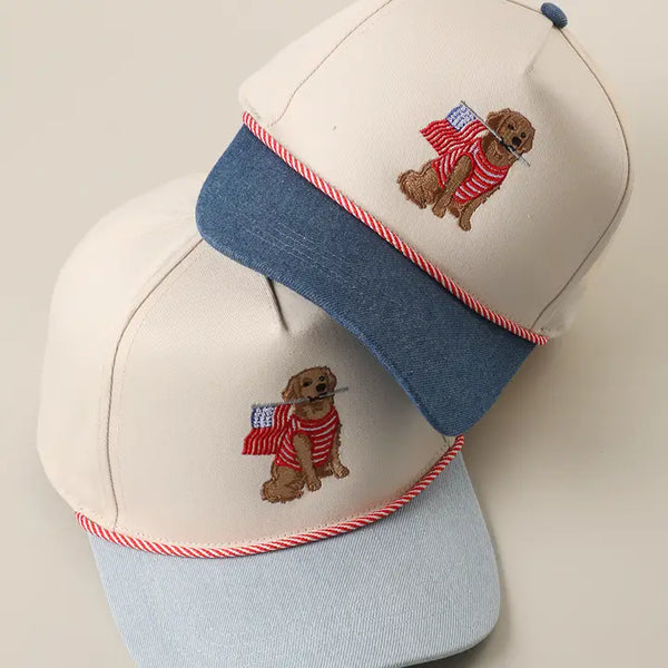 Golden Retriever Holding USA Flag Denim Brim Trucker Hat