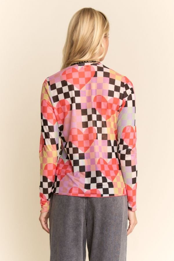 Checkered Heart Mesh Long Sleeve Top - Blush & Cactus
