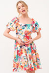 SALE Square Neck Bubble Sleeve Floral Printed Dress - Blush & Cactus