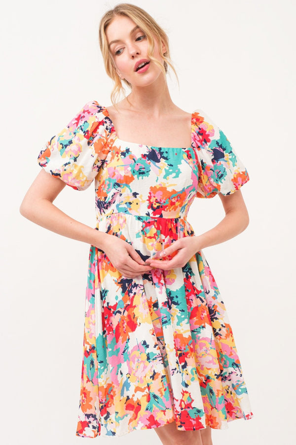 SALE Square Neck Bubble Sleeve Floral Printed Dress - Blush & Cactus