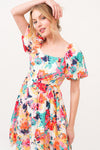 SALE Square Neck Bubble Sleeve Floral Printed Dress - Blush & Cactus