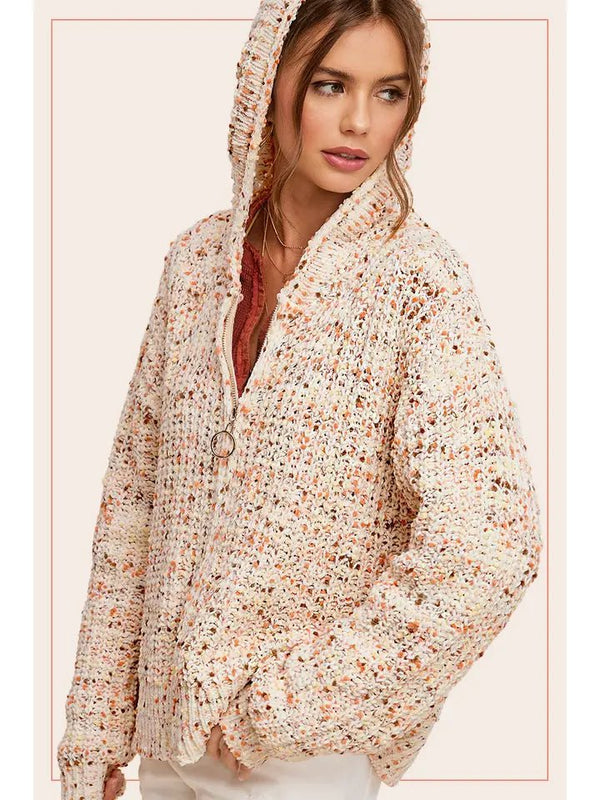 Multi Color Confetti Zip - Up Hoodie Sweater - Blush & Cactus