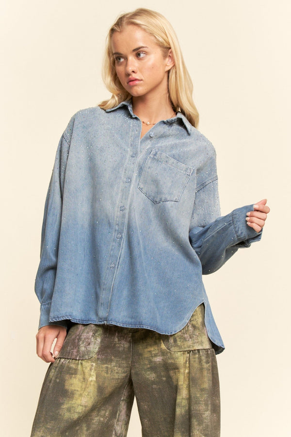 Davi & Dani Oversized Rhinestone Chest Pocket Denim Shirt - Blush & Cactus