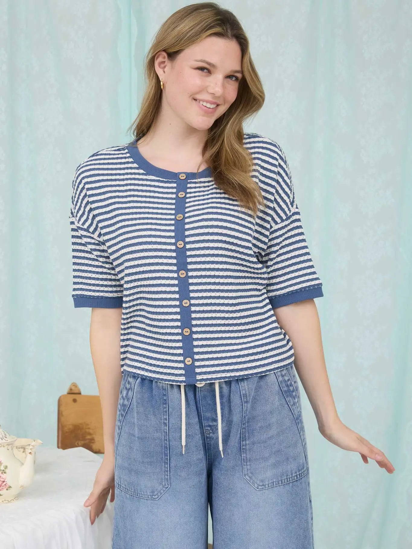 Stripe Button Down Short Sleeve Thermal Knit Top - Blush & Cactus