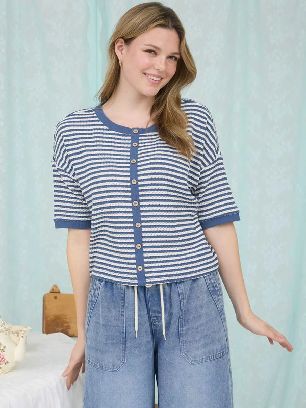 Stripe Button Down Short Sleeve Thermal Knit Top - Blush & Cactus