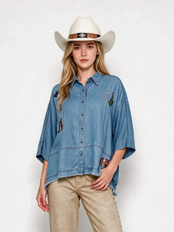 Western Cowboy Embroidered Tencel Shirt