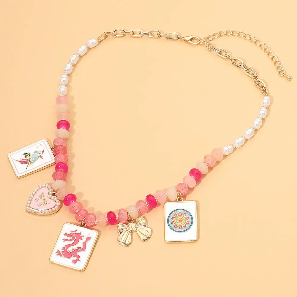 Mahjong Tile Heart Bow Charm Pearl Beaded Necklace