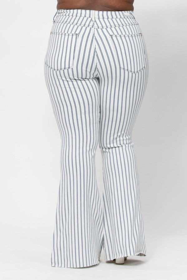 Judy Blue Hi-Waist Super Flare White Pinstripe Jean - Curvy Size - Blush & Cactus