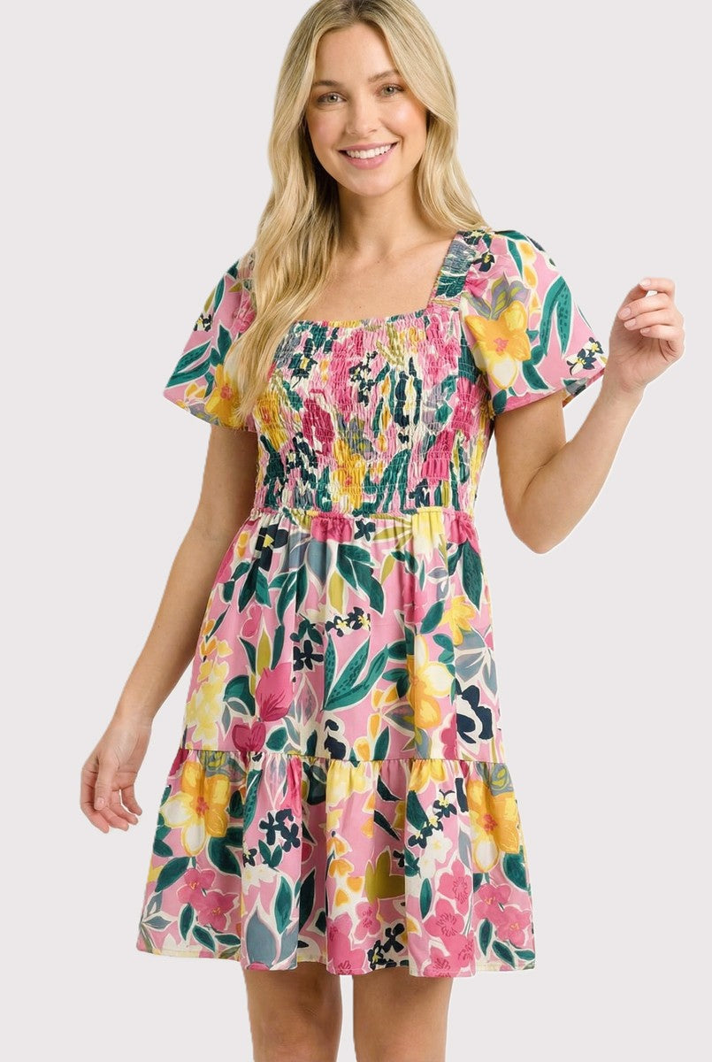Smocked Bodice Flroal Pritned Dress
