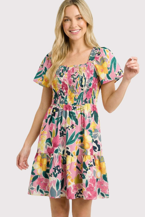 Smocked Bodice Flroal Pritned Dress