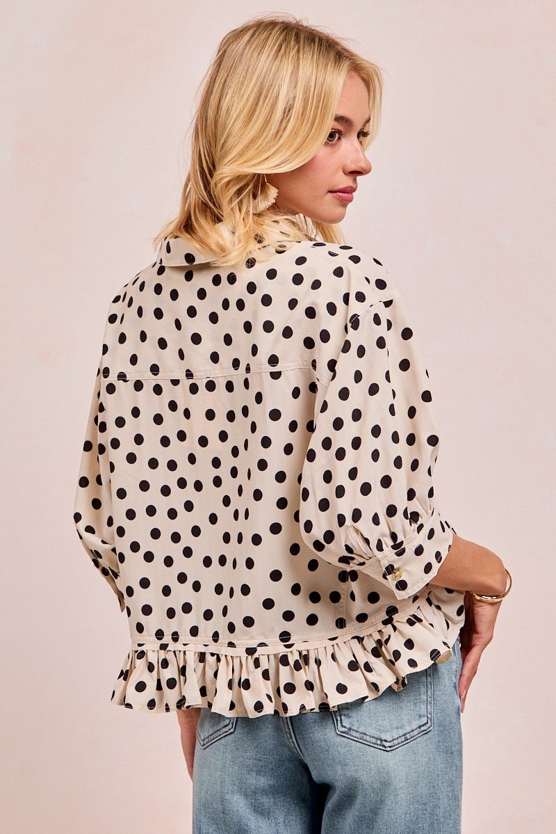 Bibi Polka Dot Printed Peplum Top With Front Button - Blush & Cactus