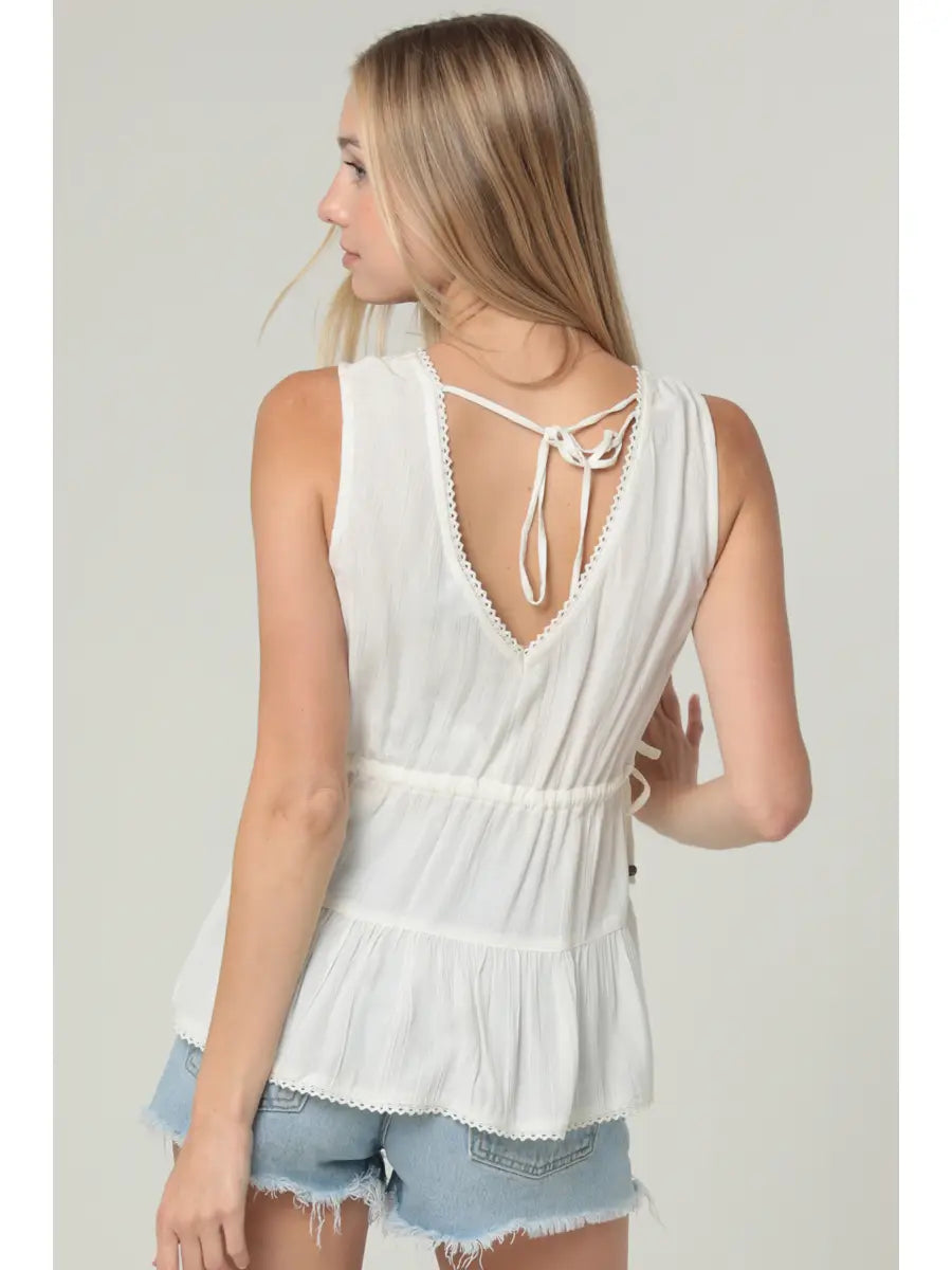 Angie Embroidered V Neck Tank Top with Side Ties and Lac