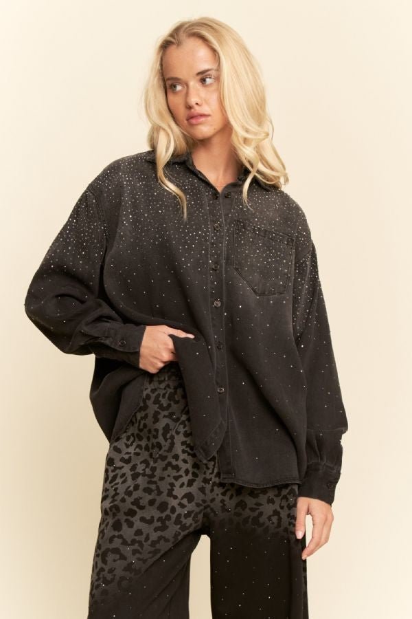 Davi & Dani Oversized Rhinestone Chest Pocket Denim Shirt - Blush & Cactus