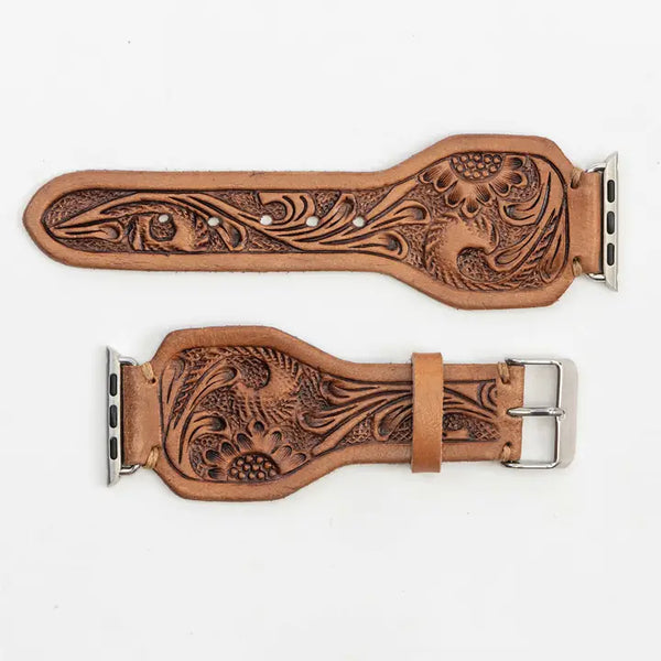 Myra Lone Star Handtooled Leather Watch Band in Antique Saddle Brown