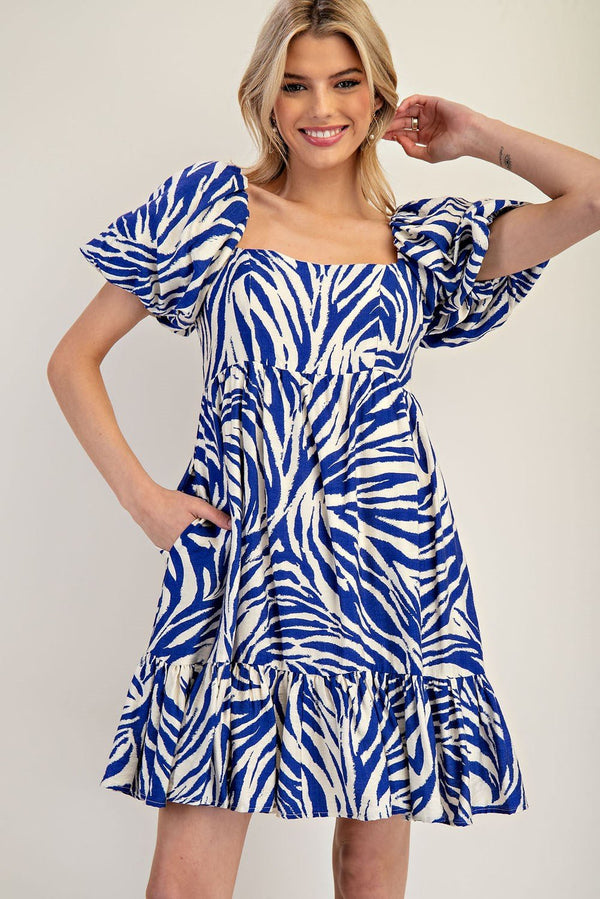 Zebra Printed Puff Sleeve Mini Dress - Blush & Cactus
