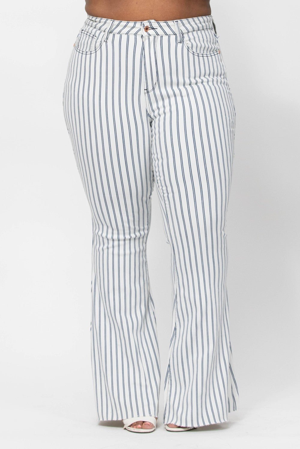 Judy Blue Hi-Waist Super Flare White Pinstripe Jean - Curvy Size - Blush & Cactus