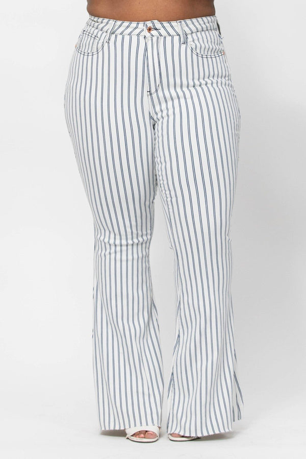 Judy Blue Hi-Waist Super Flare White Pinstripe Jean - Curvy Size - Blush & Cactus
