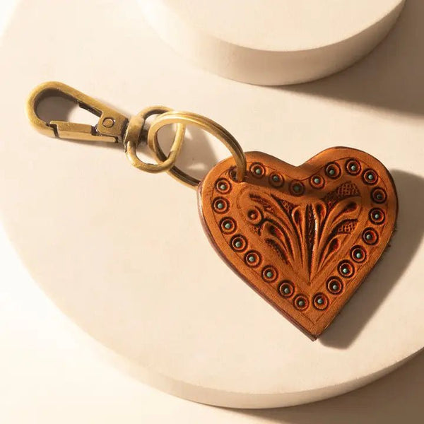 Studded Heart Western Key Fob in Brown with Handtooled Detail - Blush & Cactus