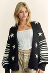Davi & Dani Star Printed Loose Fit Stripe Long Sleeve Cardigan - Curvy Size - Blush & Cactus