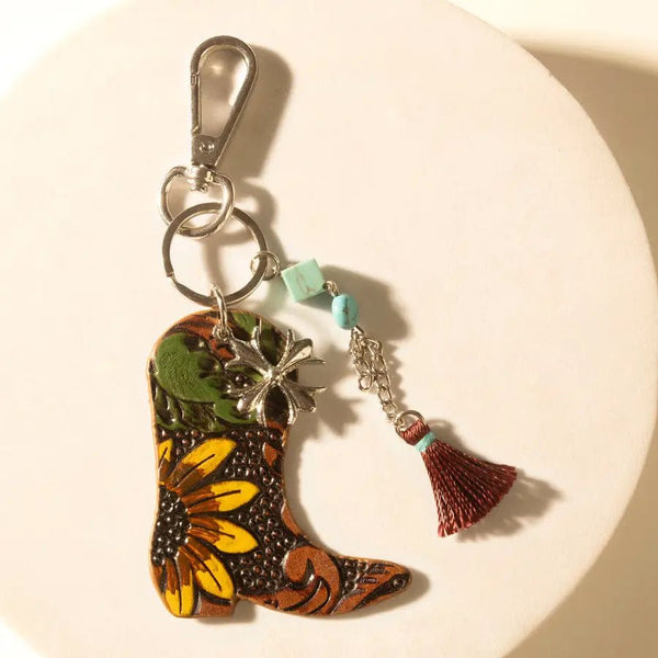 Southern Bloom Boot Handtooled Leather Key Fob in Amber Aqua - Blush & Cactus