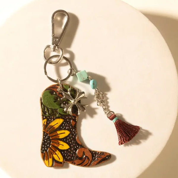 Southern Bloom Boot Handtooled Leather Key Fob in Amber Aqua - Blush & Cactus