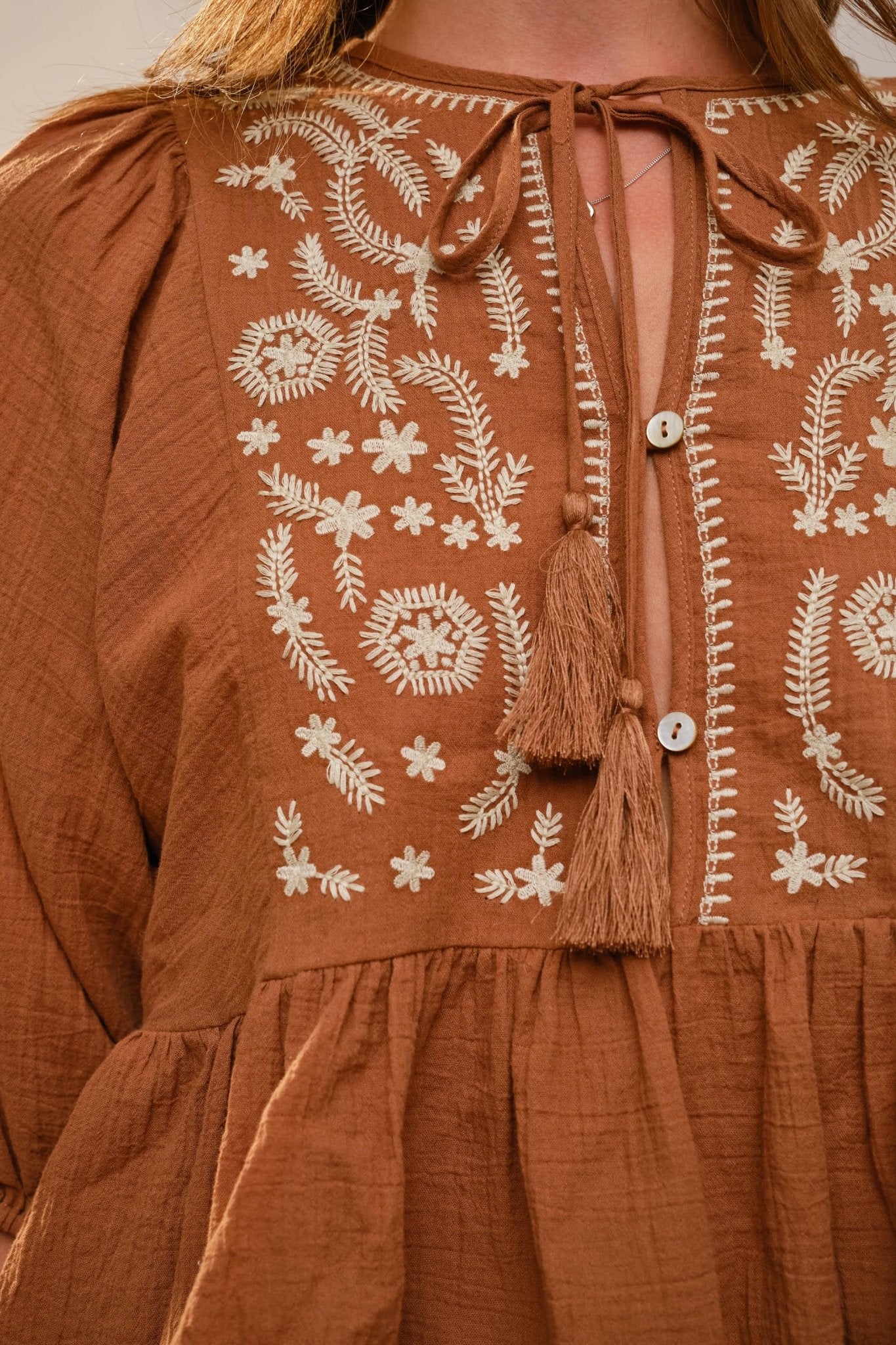 Blue B 3/4 Puff Sleeve Embroidered Peplum Blouse - Blush & Cactus