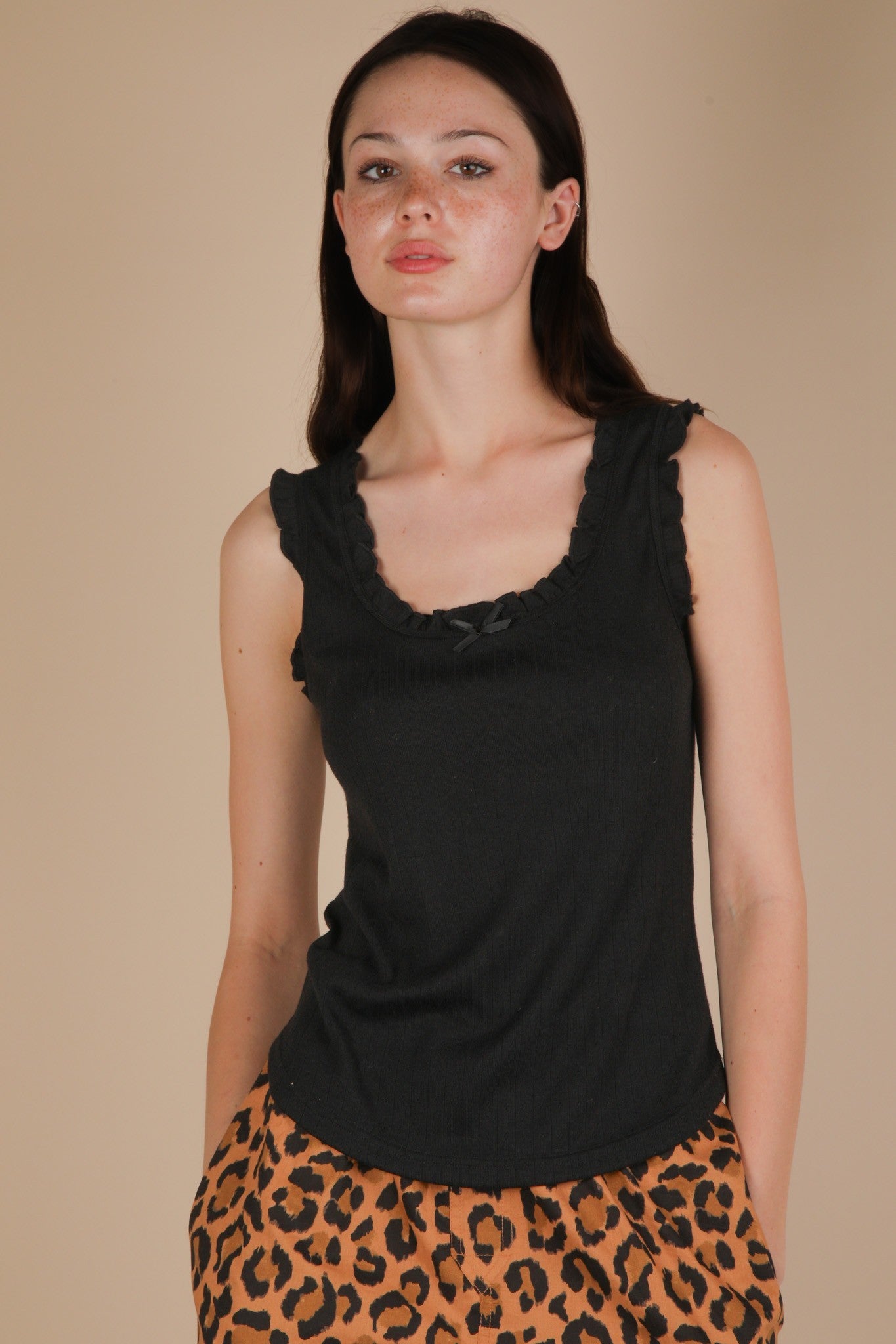 Very J Bow Trim Ruffled Knit Tank Top