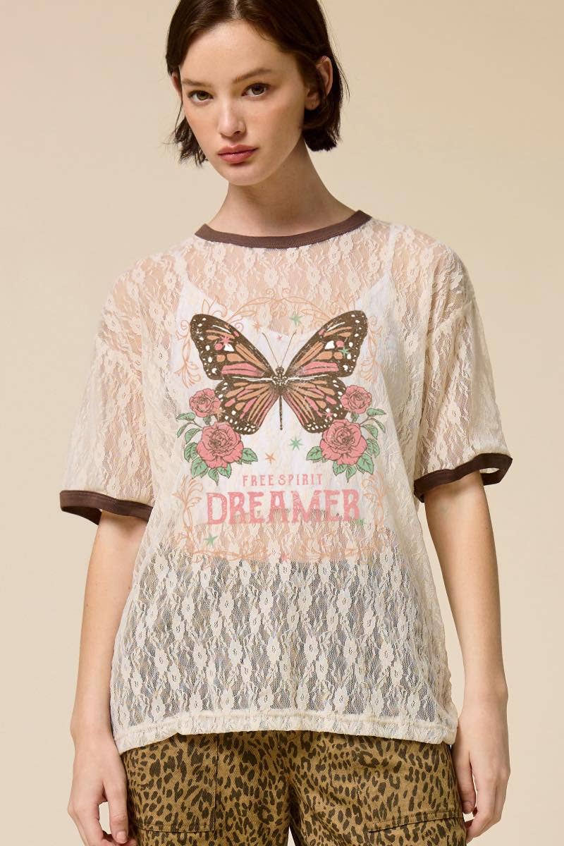 Butterfly Dreamer Vintage Graphic Sheer Lace Tee - Blush & Cactus