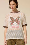 Butterfly Dreamer Vintage Graphic Sheer Lace Tee - Blush & Cactus