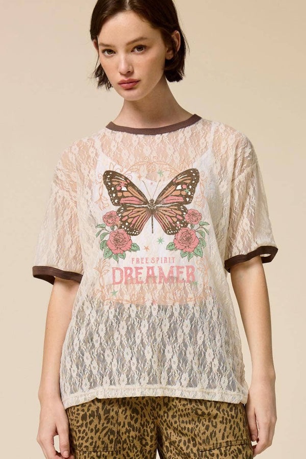 Butterfly Dreamer Vintage Graphic Sheer Lace Tee - Blush & Cactus