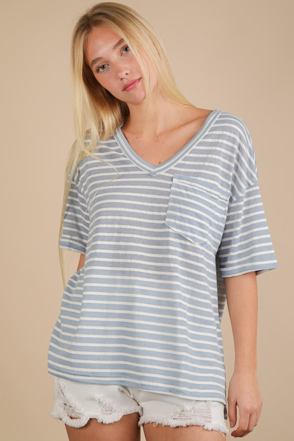 Very J Oversized Stripe Casual V-neck Knit Top