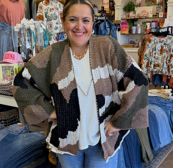 POL 3/4 sleeve Relaxed Camo Cardigan