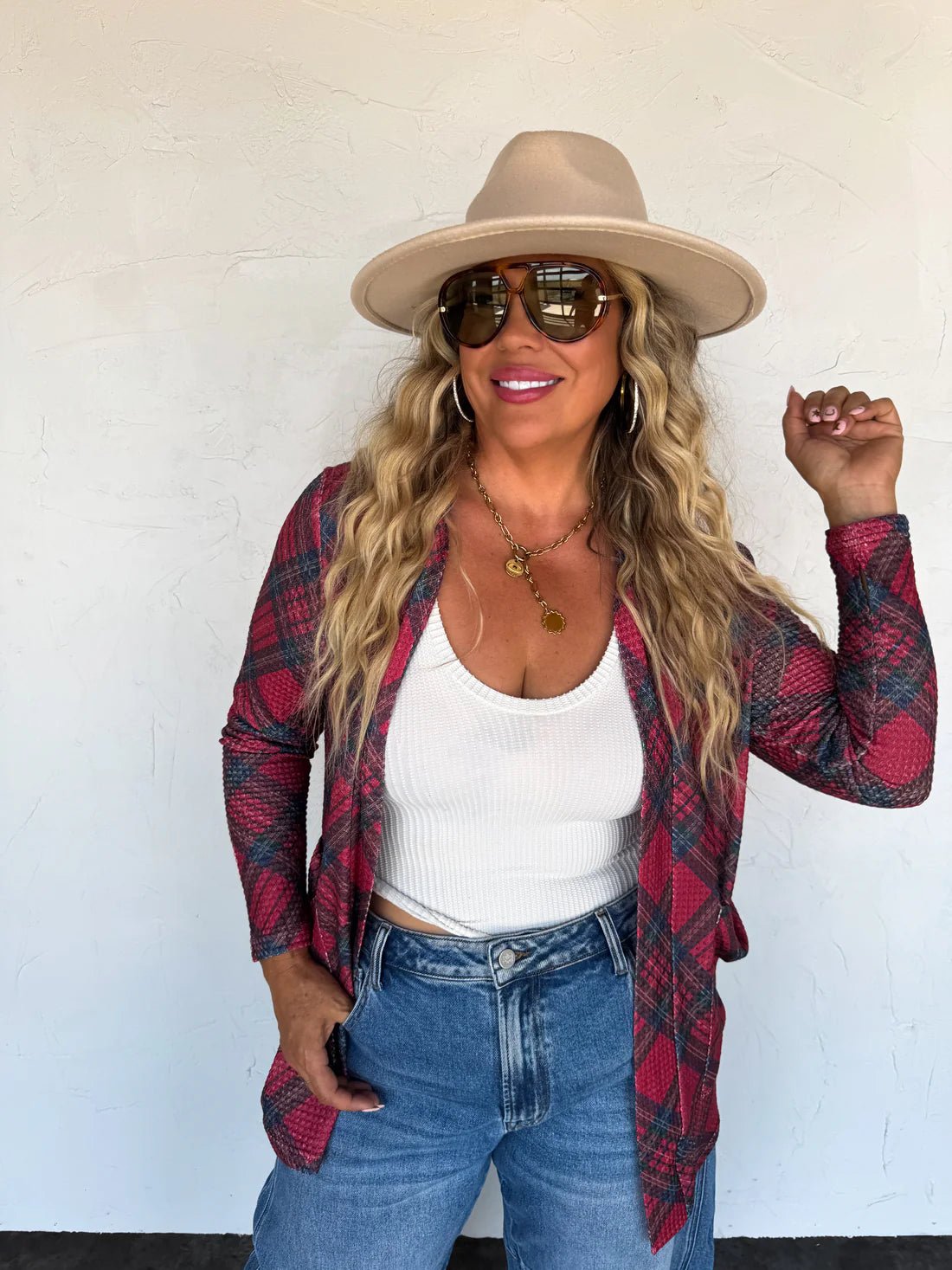 Red Plaid Lola Cardigans - Blush & Cactus