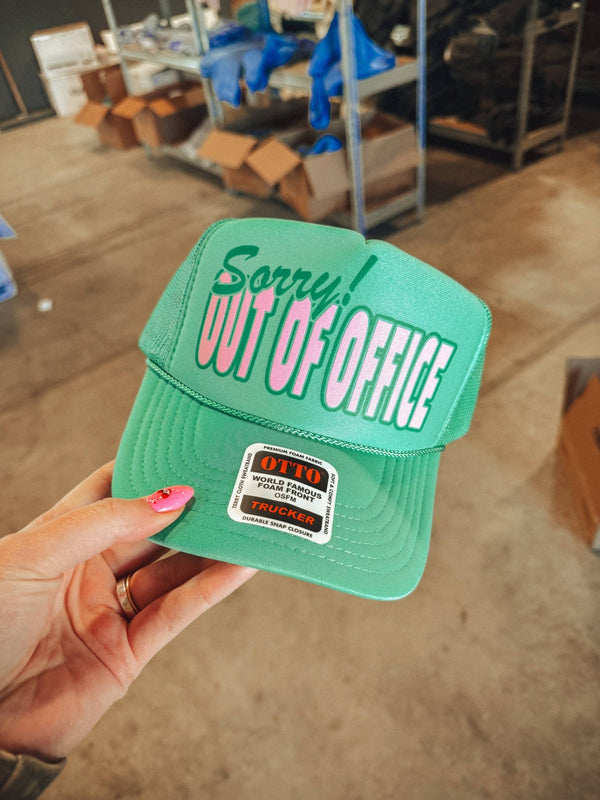 Sorry! Out of Office, Vacation Trucker Hat - Blush & Cactus