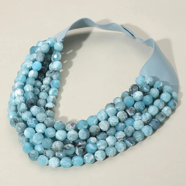 Marbled Faceted Ball Beaded Multi Layered Faux Leather Magnetic Necklace