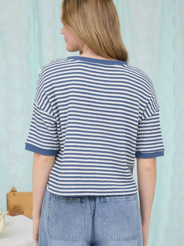 Stripe Button Down Short Sleeve Thermal Knit Top - Blush & Cactus
