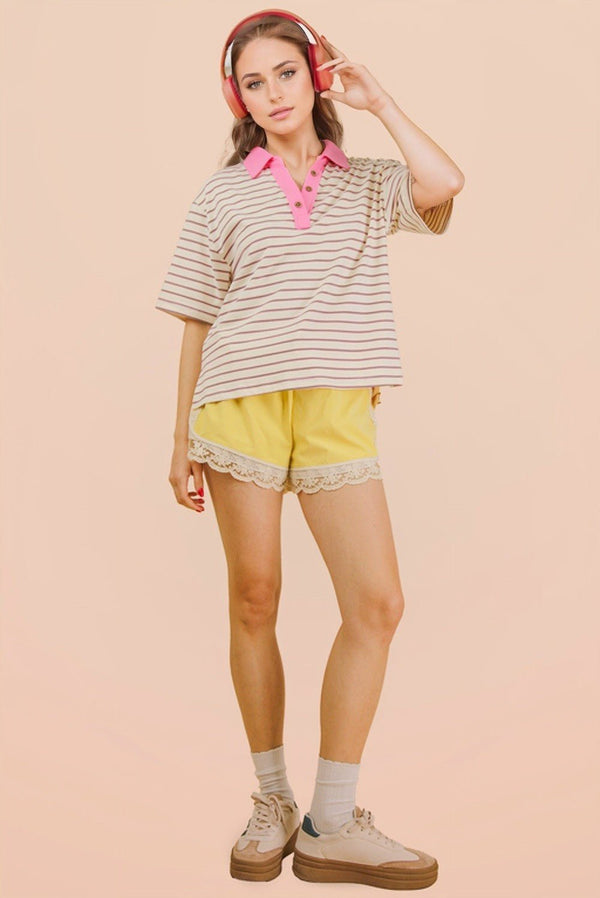 Oversized Stripe Knit Top W/ Cont Collar - Blush & Cactus