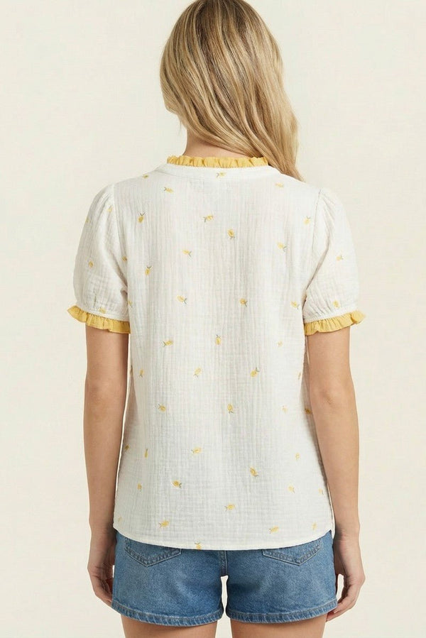 Gauze Fruit Embroidered Top - Blush & Cactus