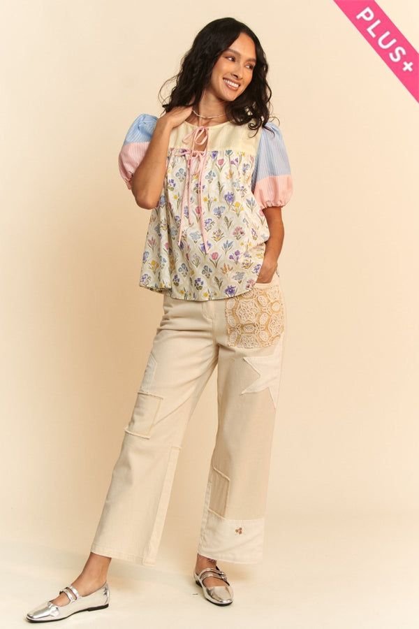 SALE Davi & Dani Stripe Wallpaper Print Tie Front Peasant Top - Curvy Size - Blush & Cactus