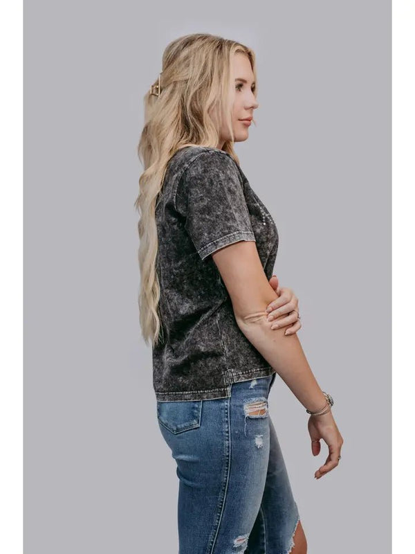 Thankful Acid Washed Studs Tee - Charcoal - Blush & Cactus