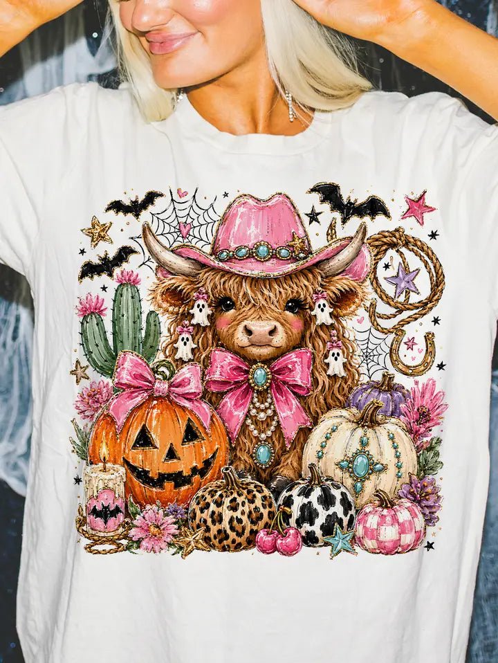Highland Cow Halloween Tee - Blush & Cactus