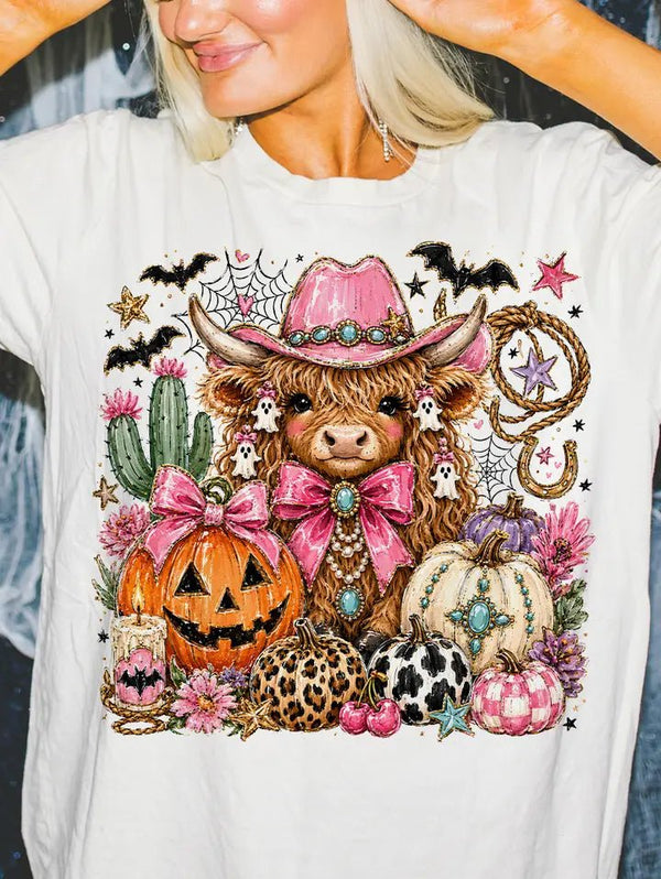 Highland Cow Halloween Tee - Blush & Cactus