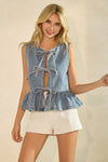 Veveret Tie Front Sleeveless Denim Top