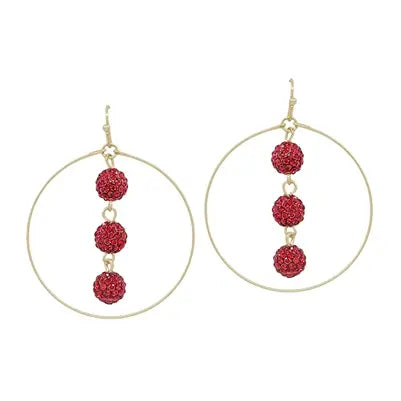 Red Crystal 3 Beaded Drop in Gold Circle 1.75" Earring