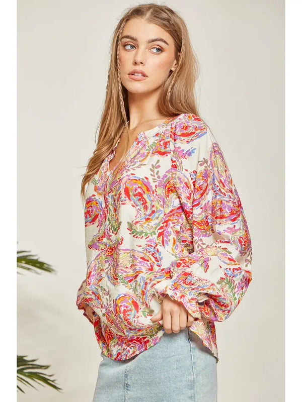 Relax Fit Print Top with Balloon Sleeves