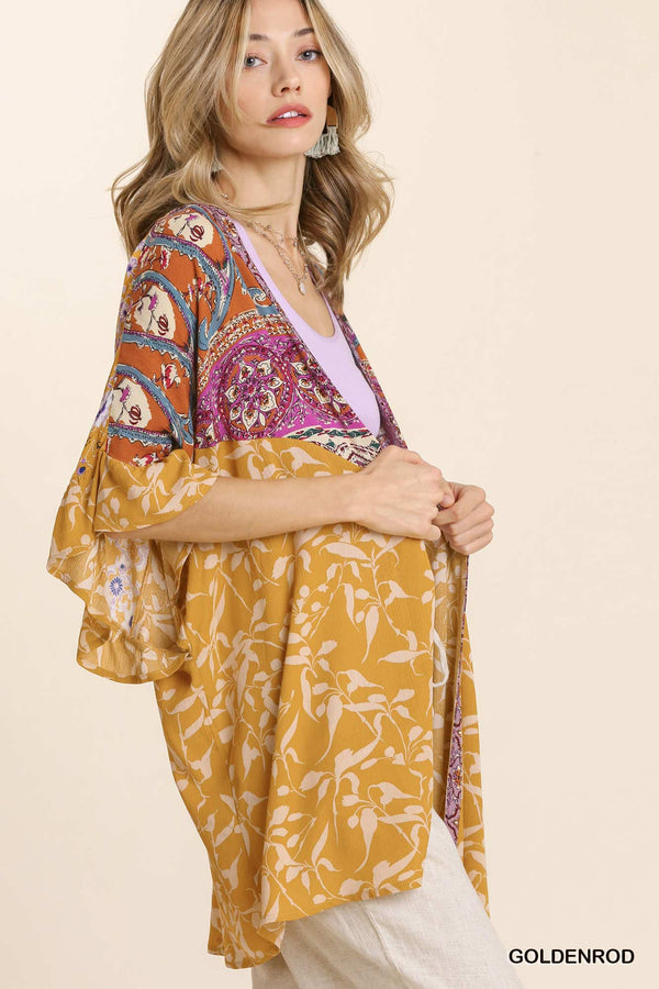 Mixed Print Ruffled Half Sleeve Open Front Kimono