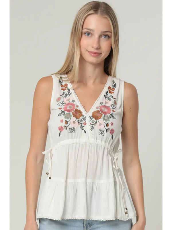 Angie Embroidered V Neck Tank Top with Side Ties and Lac