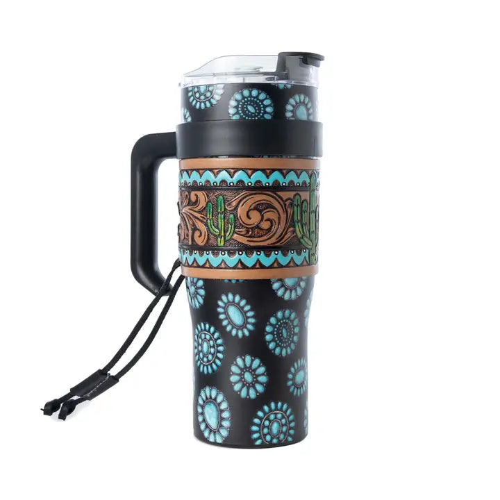 Myra Concho Crest Western Tooled Tumbler in Black Stainless Steel with Leather Wrap and Handle