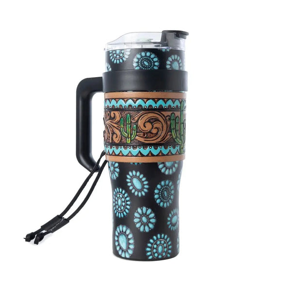 Concho Crest Western Tooled Tumbler in Black Stainless Steel with Leather Wrap and Handle - Blush & Cactus